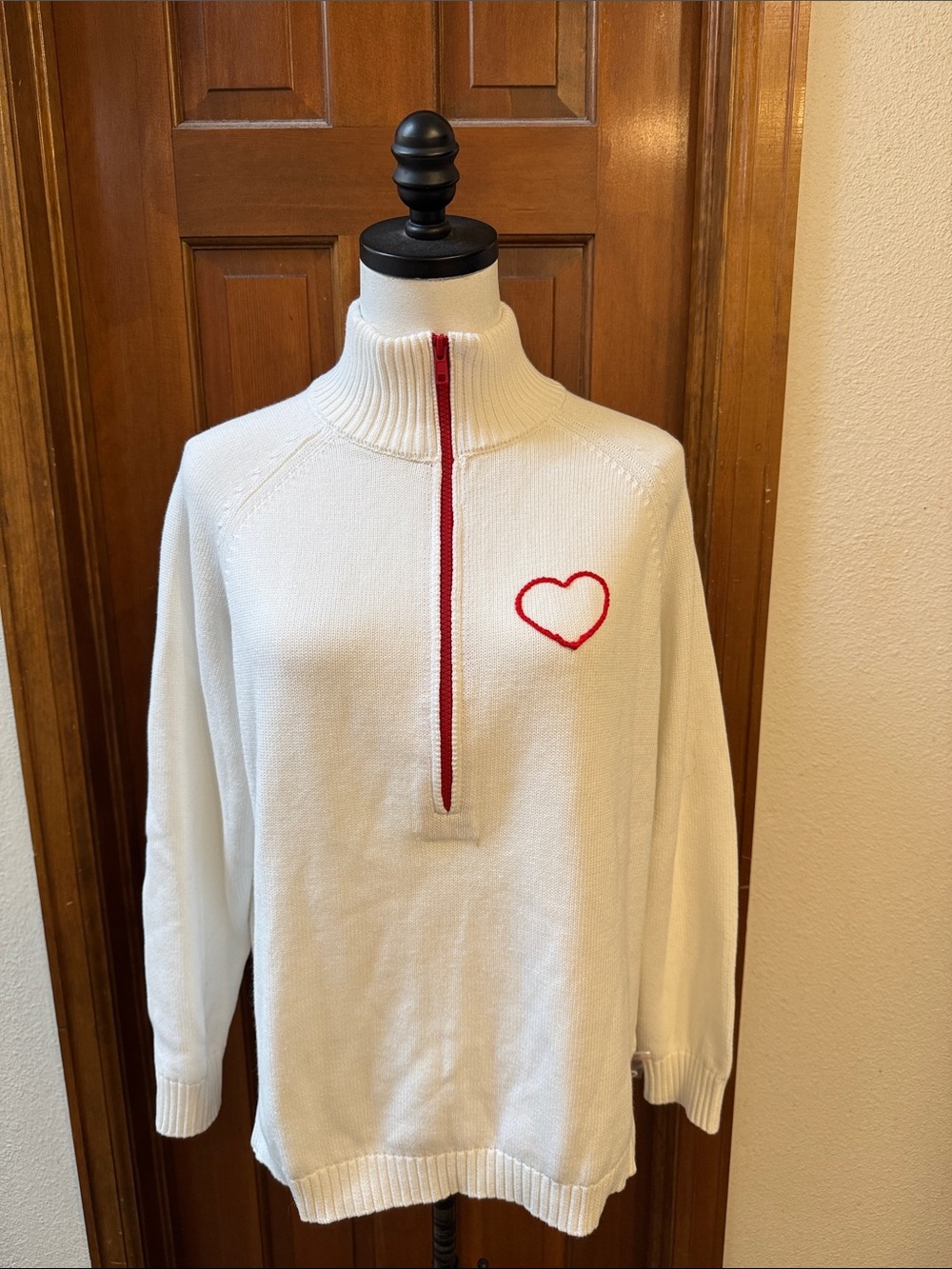Pink Pineapple White Half-Zip Sweater with Red Heart Detail Size M